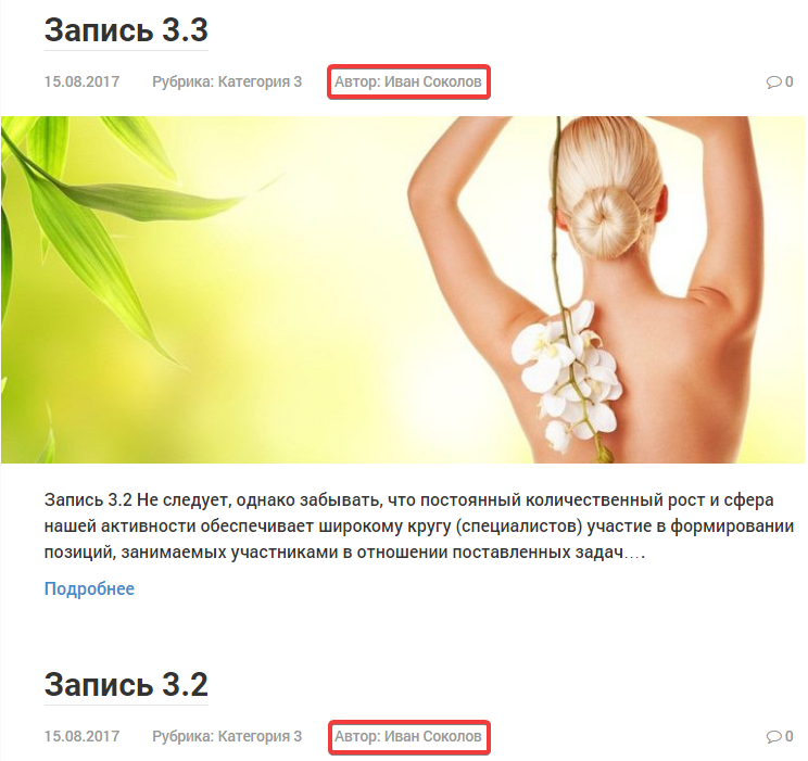The main page of the site with the changed author of the posts
